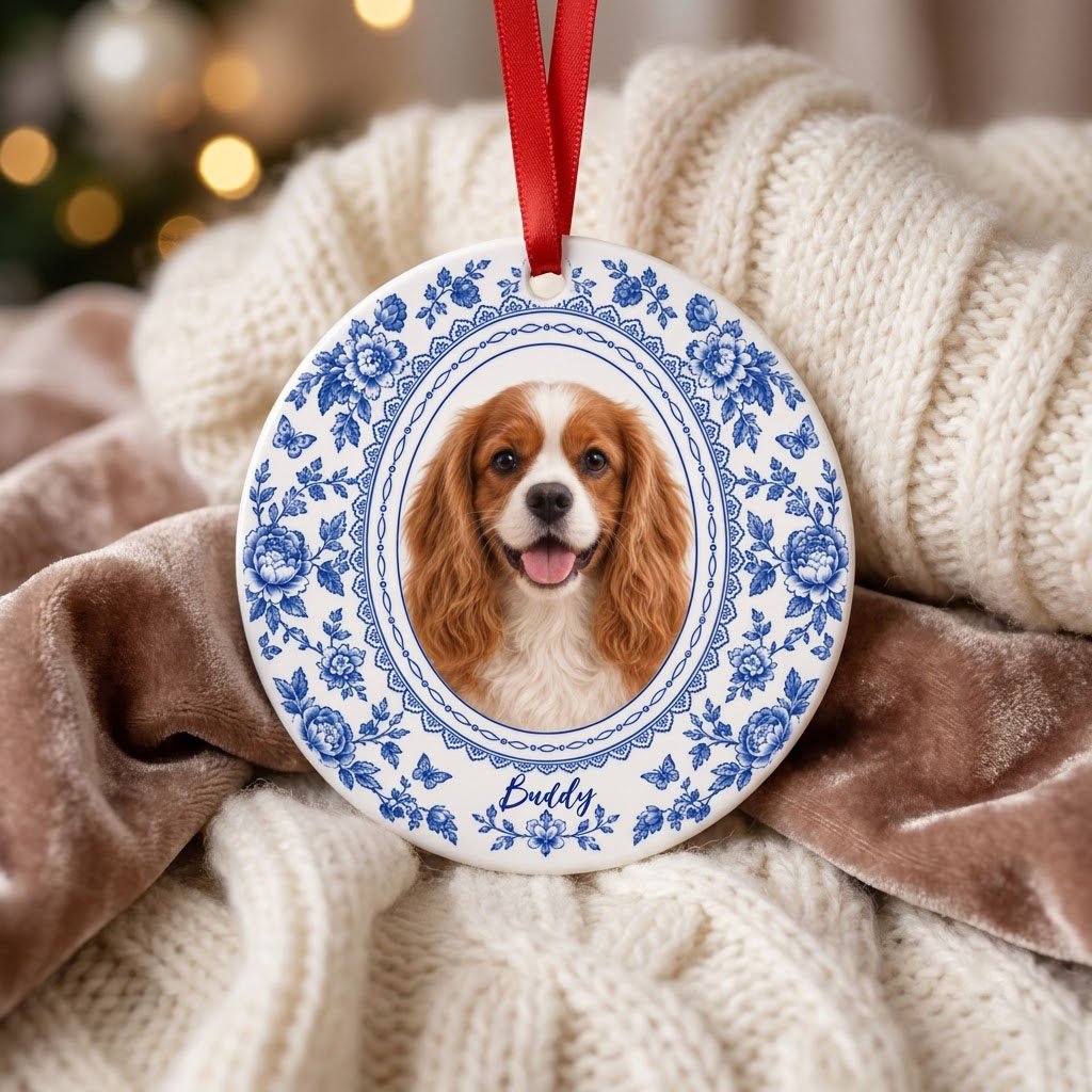 Round white ceramic ornament with blue Delft floral and butterfly pattern around an oval dog photo and name.