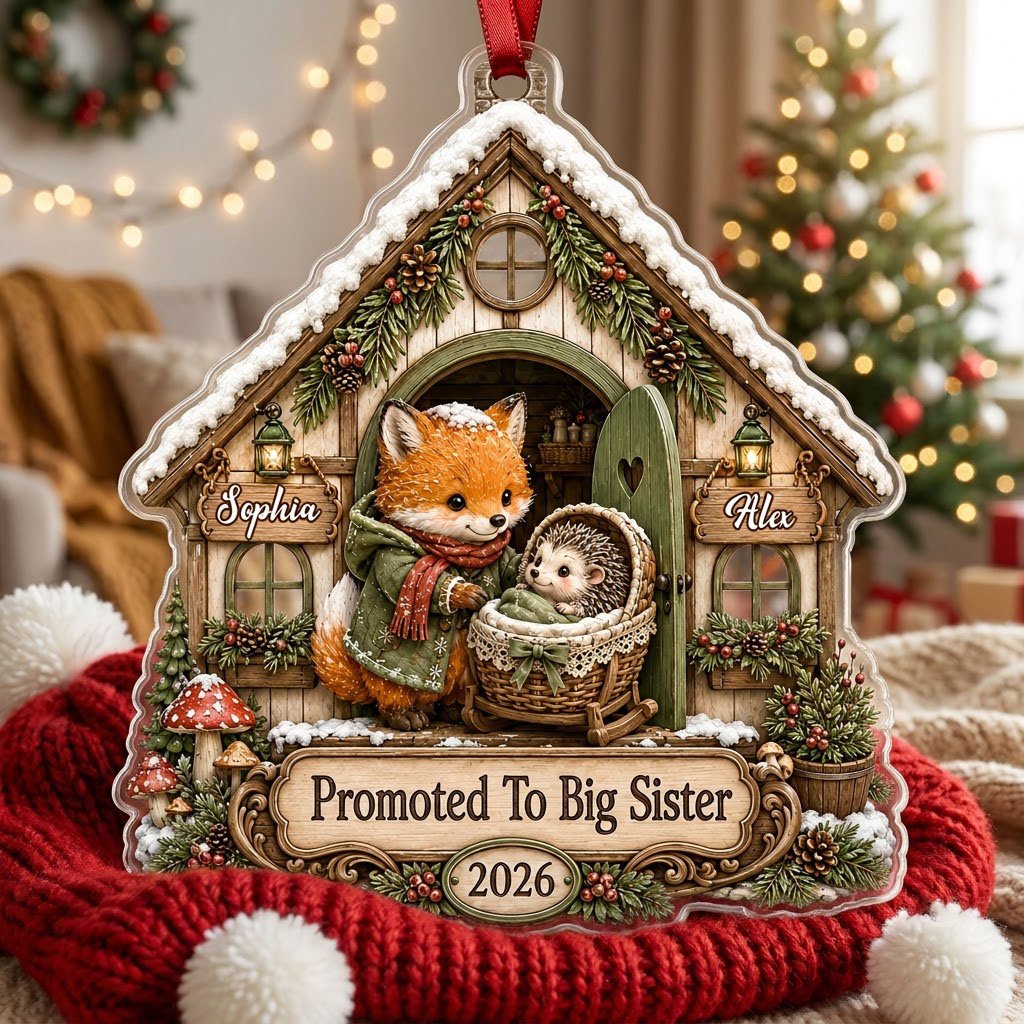 House-shaped acrylic ornament with 'Promoted To Big Sister' and a fox beside a baby hedgehog in a bassinet.