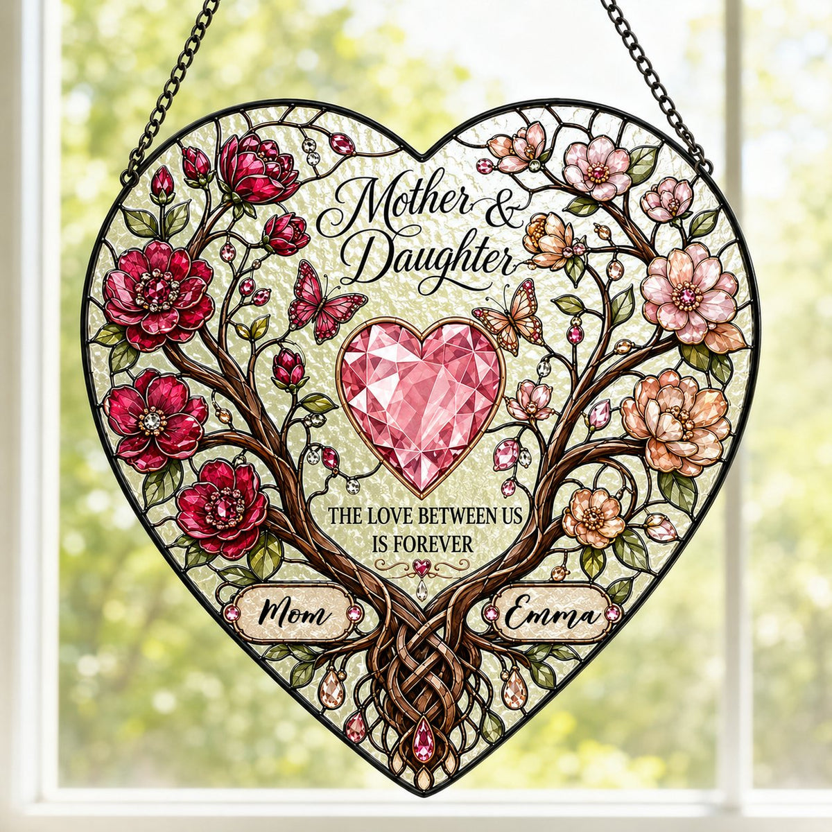 Heart-shaped stained-glass style suncatcher with intertwined trees, red and pink flowers, butterflies, and a pink gem he