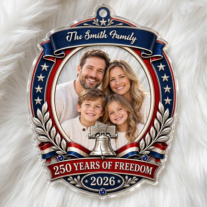 Custom-cut acrylic ornament with patriotic frame, center photo, silver Liberty Bell, laurel branches and blue star bands