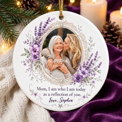 Round ceramic ornament with oval lace frame, pearls, purple pansies and lavender surrounding a photo and mom quote.