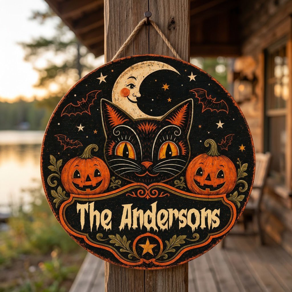 Round wooden sign with vintage black cat face, crescent moon, pumpkins, bats, stars and custom family name.