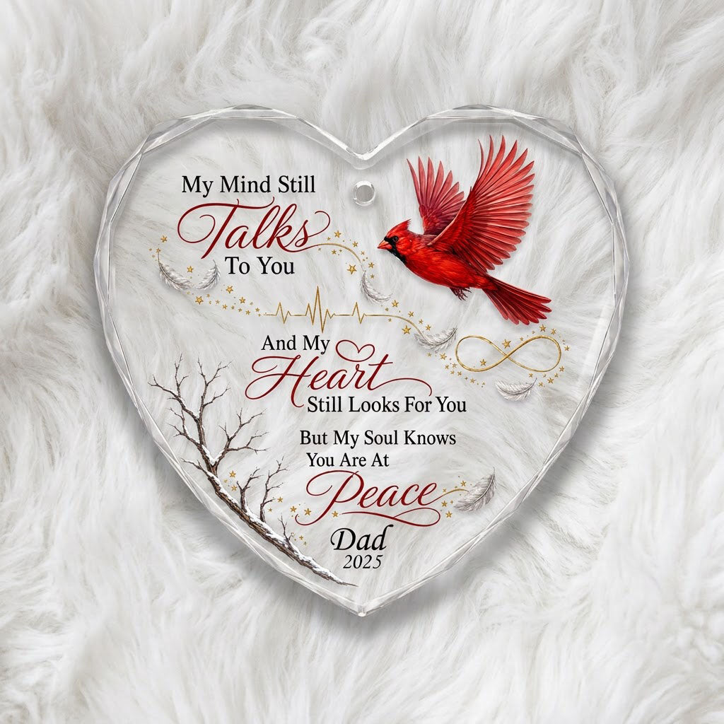 Personalized Flying Cardinal Memorial My Mind Still Talks To You Heart Glass Ornament