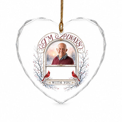 Heart-shaped glass ornament with red cardinals, arched photo window, and I'M ALWAYS WITH YOU text on a snowy winter scen