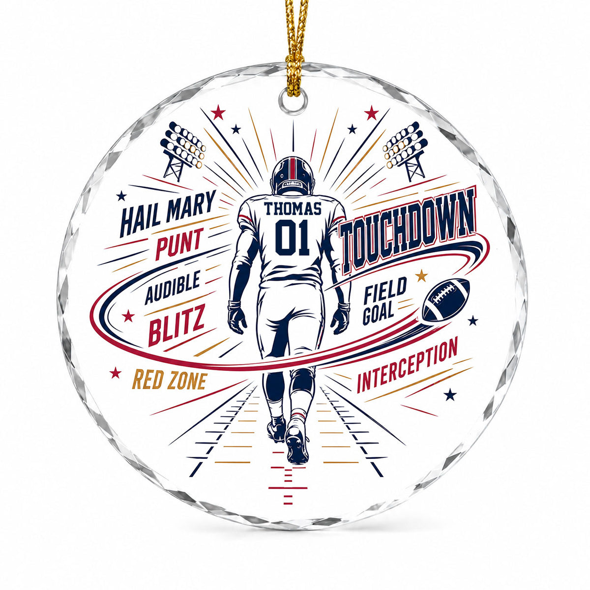 Round faceted glass ornament with football player back view, stadium lights, navy swoosh, and name and number.