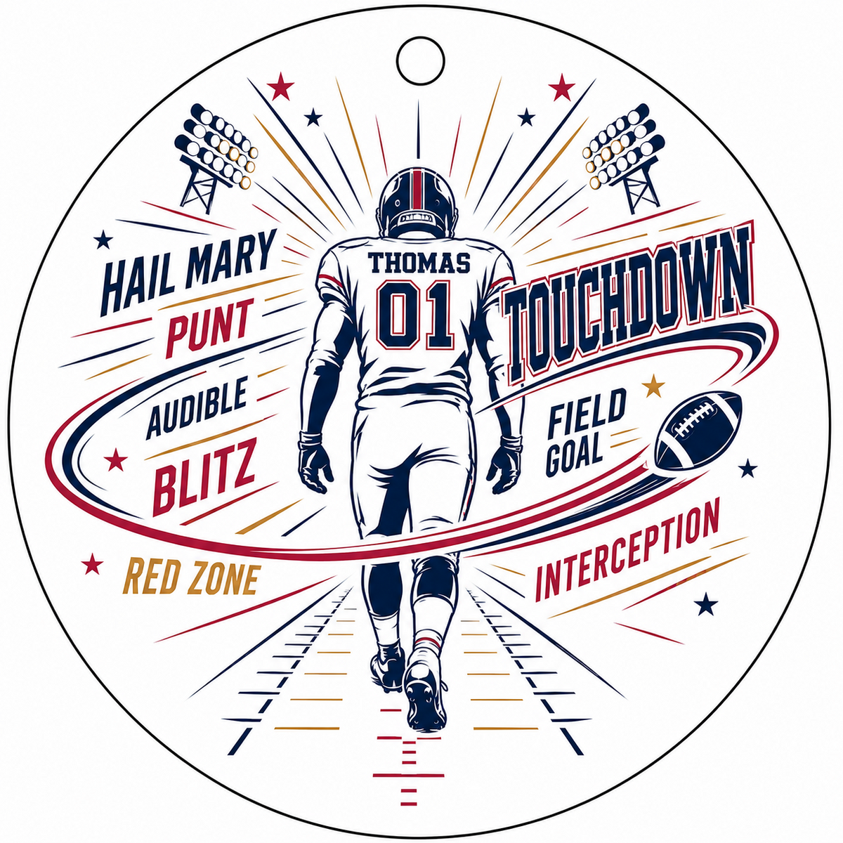 Round faceted glass ornament with football player back view, stadium lights, navy swoosh, and name and number.