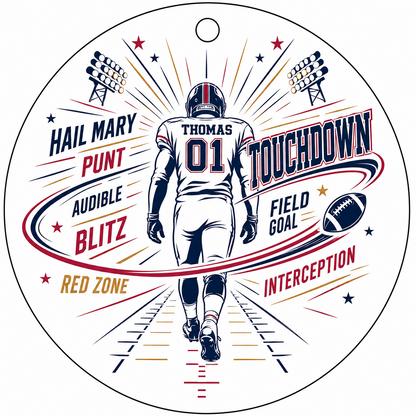 Round faceted glass ornament with football player back view, stadium lights, navy swoosh, and name and number.