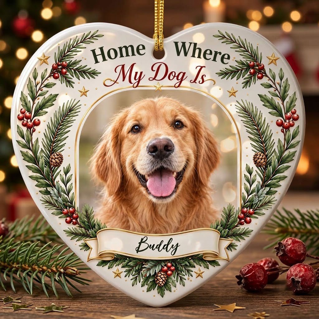 Heart ceramic ornament with gold arched dog photo frame, pine greenery, holly berries, and 'Home Where My Dog Is'.