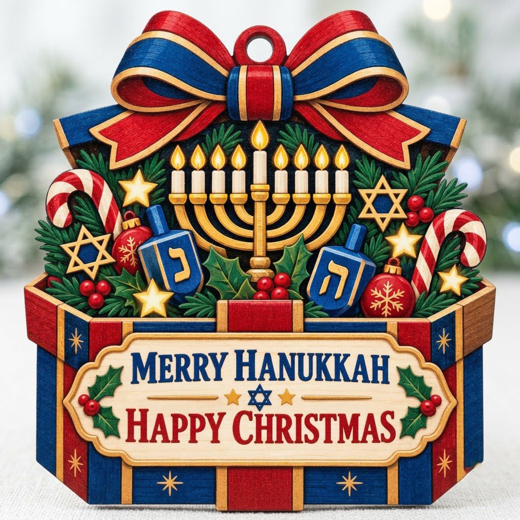Gift box-shaped wood ornament with menorah, dreidels, candy canes, holly, stars, and Merry Hanukkah Happy Christmas text