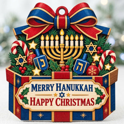 Gift box-shaped wood ornament with menorah, dreidels, candy canes, holly, stars, and Merry Hanukkah Happy Christmas text
