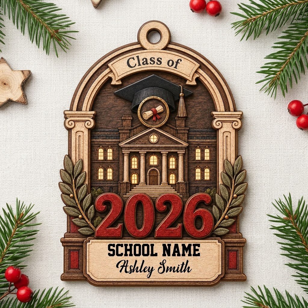 Personalized Class of Graduation Crest Wood Ornament with Cap, Diploma & Laurels