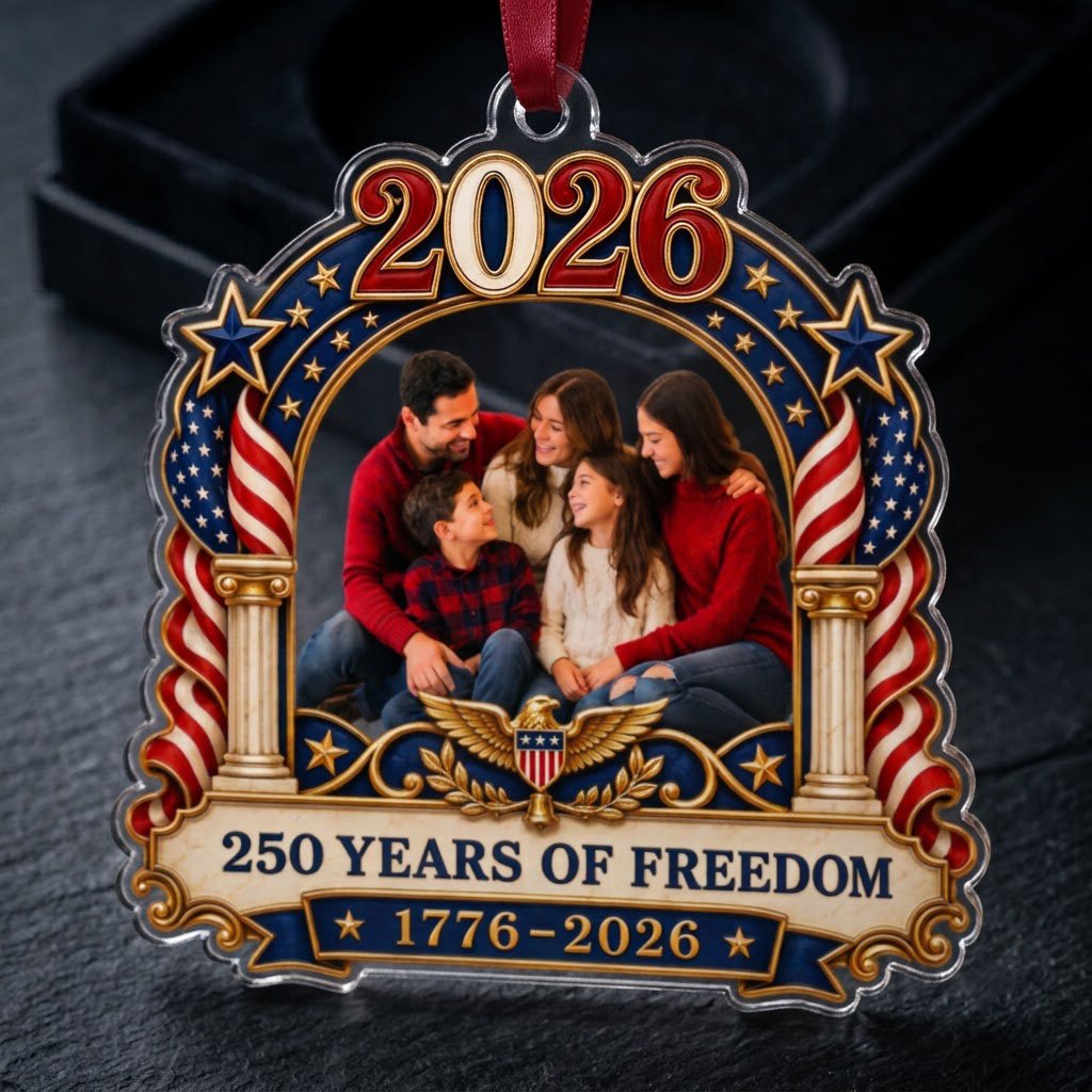 Ornate arched acrylic ornament with 2026, flag-draped columns, eagle emblem, and a central family photo frame