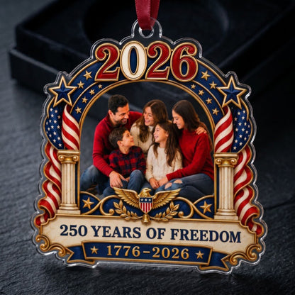 Ornate arched acrylic ornament with 2026, flag-draped columns, eagle emblem, and a central family photo frame