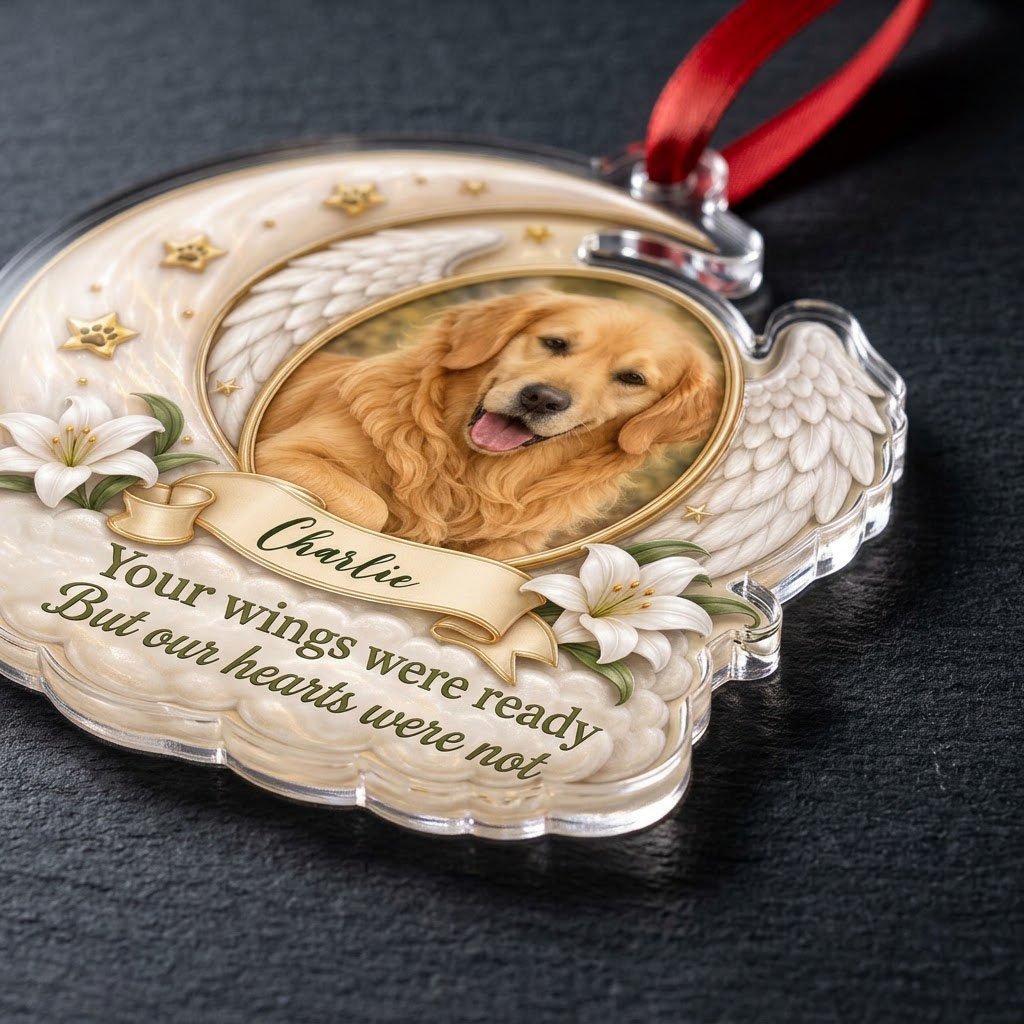 Crescent moon and angel wings acrylic ornament with oval pet photo, paw-print stars, white lilies, clouds, and a name ba