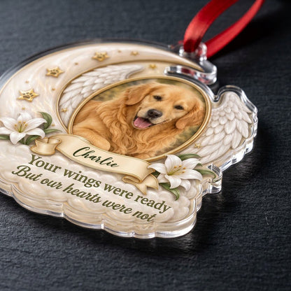 Crescent moon and angel wings acrylic ornament with oval pet photo, paw-print stars, white lilies, clouds, and a name ba