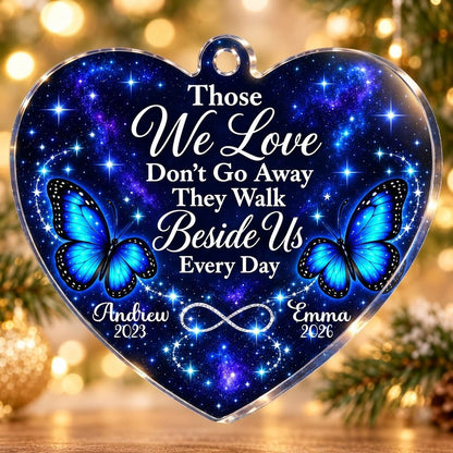 Heart acrylic ornament with blue butterflies, starry galaxy background, and the memorial quote with name and year.