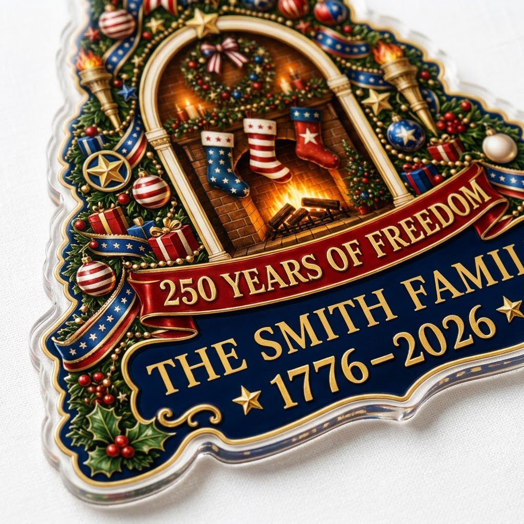 Personalized America 250th Tree Fireplace Acrylic Ornament, Custom Patriotic Holiday Keepsake