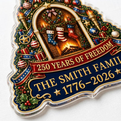Personalized America 250th Tree Fireplace Acrylic Ornament, Custom Patriotic Holiday Keepsake