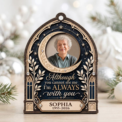 Gothic arch memorial wood ornament with crescent moon photo frame and starry sky with rhinestone accents.