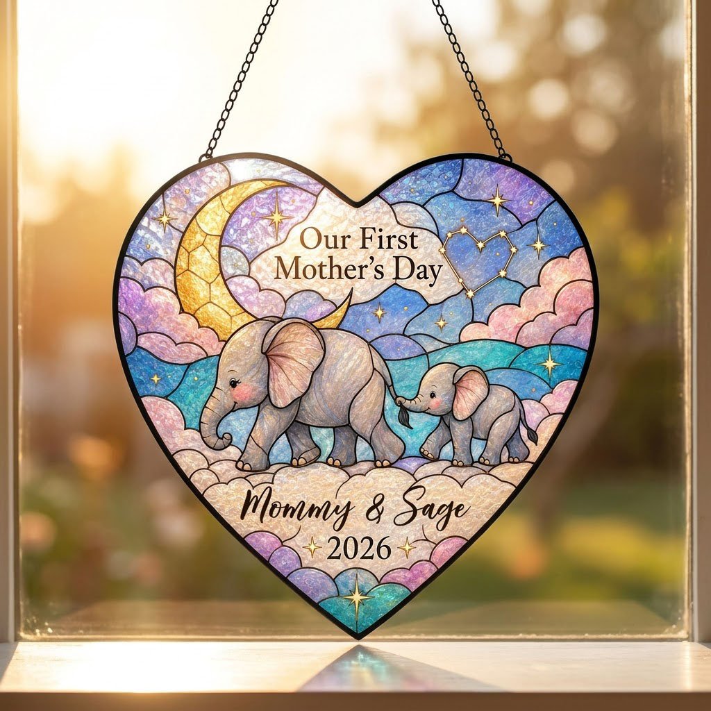 Heart stained-glass suncatcher with mom and baby elephants, crescent moon, pastel clouds, and gold stars.