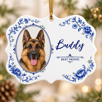 Ornate scalloped ceramic medallion ornament with blue Delft floral frame, custom dog photo, and 'BEST FRIEND' text