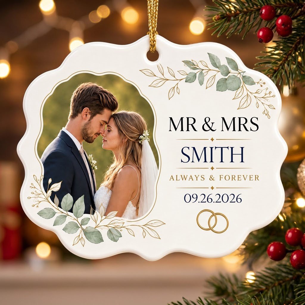 White scalloped ceramic medallion with MR & MRS, eucalyptus, gold rings, and a couple’s photo on the left.