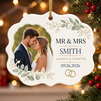 White scalloped ceramic medallion with MR & MRS, eucalyptus, gold rings, and a couple’s photo on the left.