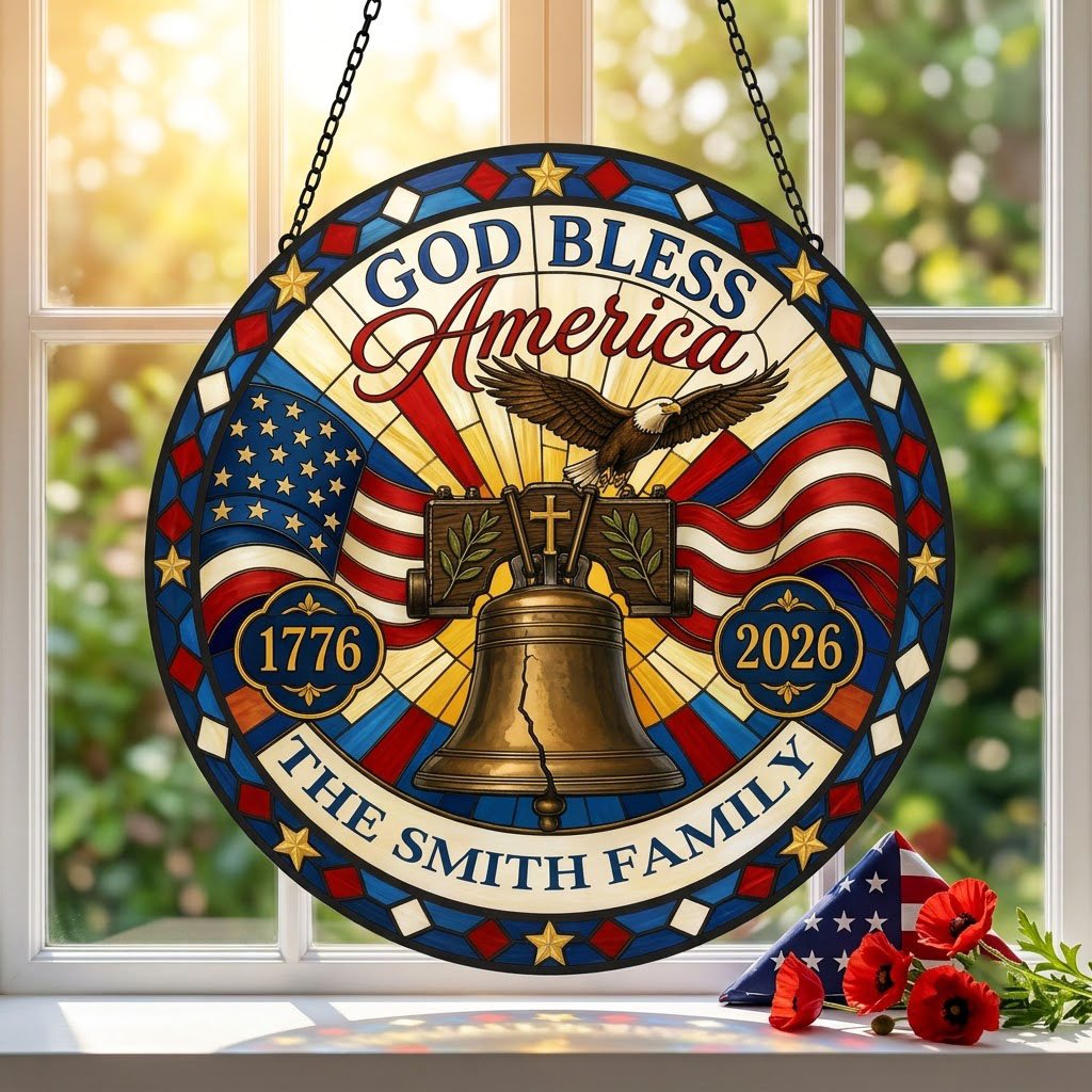 Round stained-glass style suncatcher with Liberty Bell, eagle, flags, 'GOD BLESS America' 1776–2026 and a family name