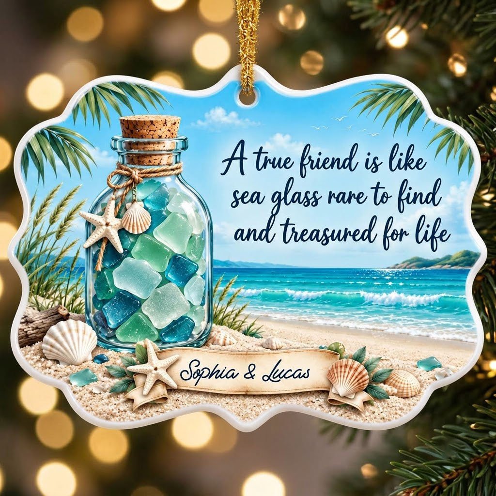 Ornate medallion ceramic ornament with sea glass jar, beach scene, palm branches and a friendship quote for two names.