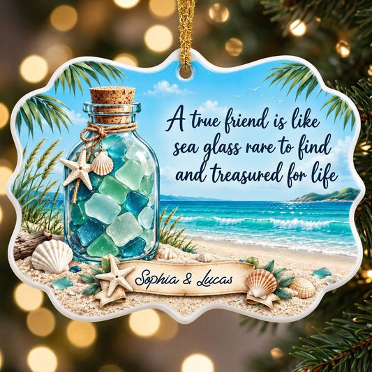 Ornate medallion ceramic ornament with sea glass jar, beach scene, palm branches and a friendship quote for two names.