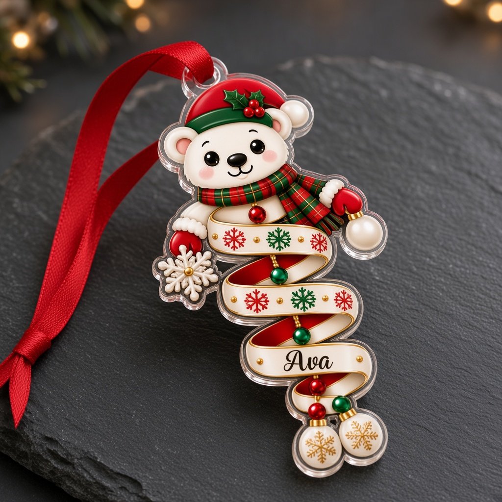 Acrylic ornament showing a polar bear and Mrs. Claus made of spiral ribbons with two personalized names on each characte