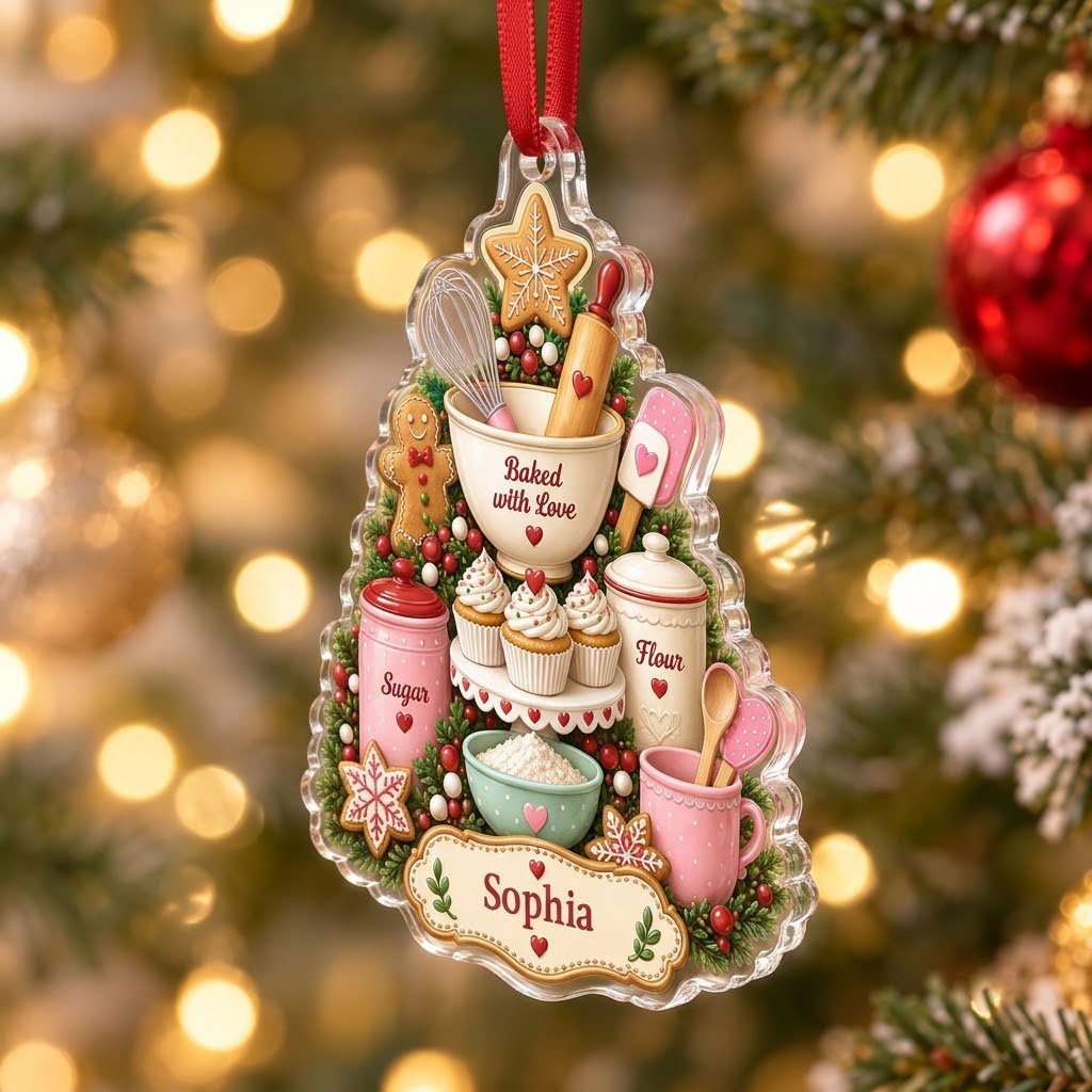 Baking-themed tree acrylic ornament with gingerbread star, cupcakes, utensils, and a name banner.