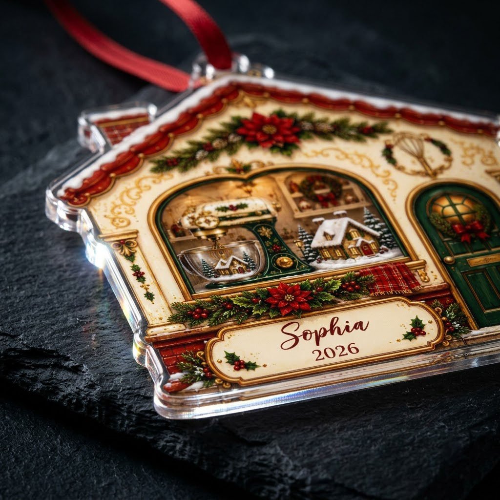House-shaped acrylic ornament with baking scene, stand mixer, wreaths, and name and year on the bottom banner.