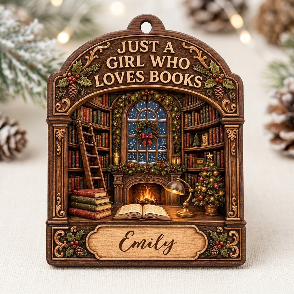 Arch wood ornament with library scene, bookshelves, ladder, fireplace, and 'Just a Girl Who Loves Books' text.