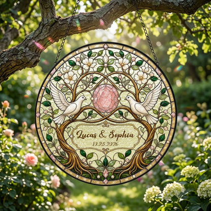 Personalized Wedding Doves & Pink Crystal Gem Floral Tree of Life Stained Glass Round Suncatcher