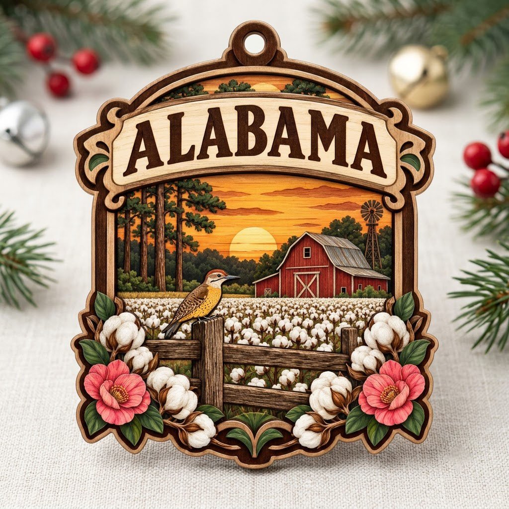 Custom-cut wood ornament with “ALABAMA”, red barn, windmill, yellowhammer bird, cotton and pink camellias at sunset.