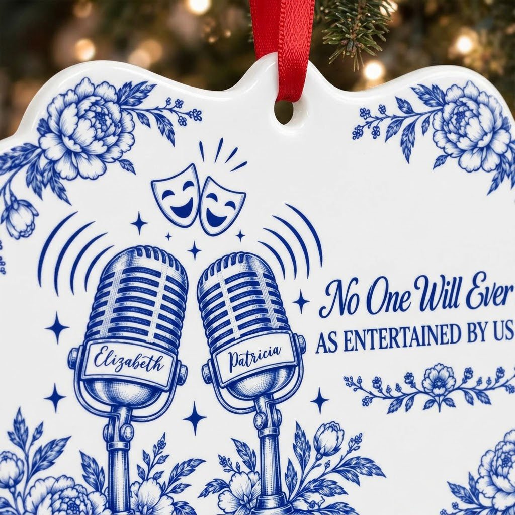 White ceramic ornament with cobalt blue vintage microphones, comedy and tragedy masks, stars and florals with two names.