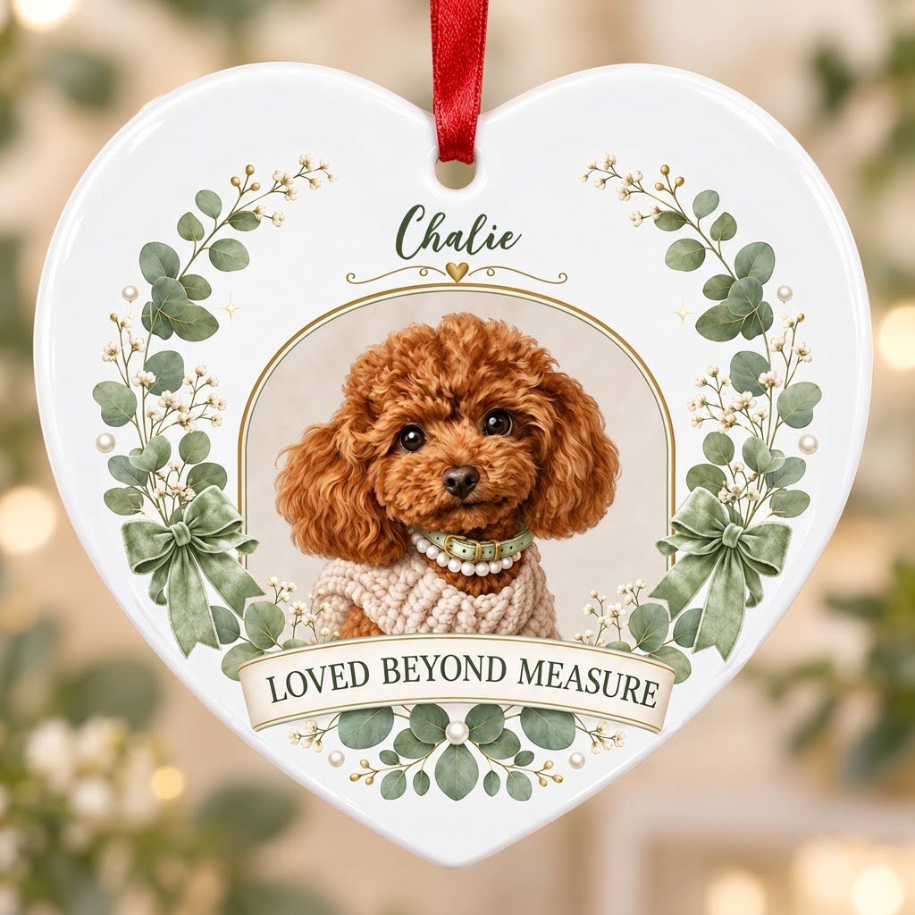 Heart ceramic ornament with dog photo in gold frame, eucalyptus wreath, green bows and 'LOVED BEYOND MEASURE' text