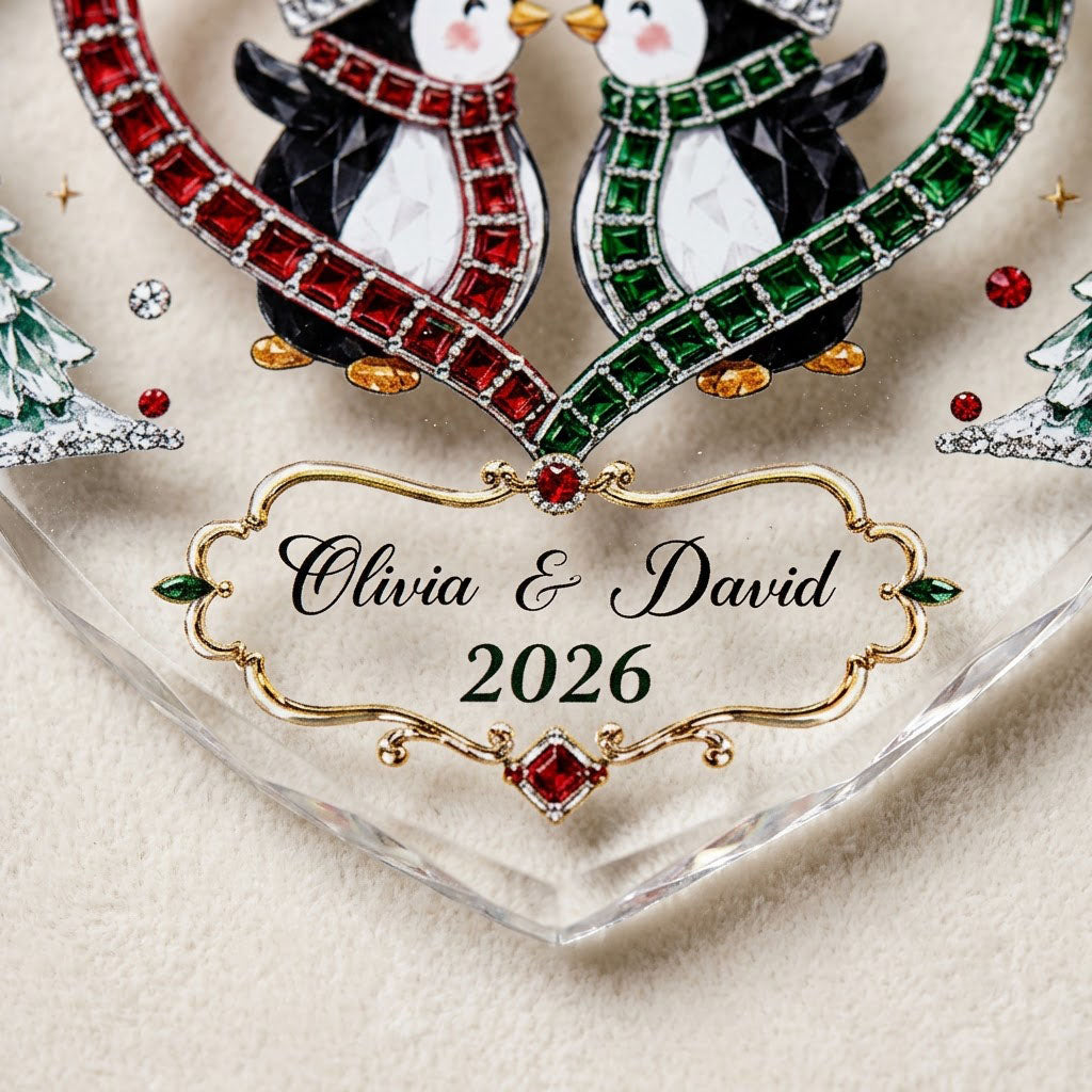 Heart-shaped stained glass suncatcher with two penguins in red and green scarves, jeweled trees, and silver snowflakes