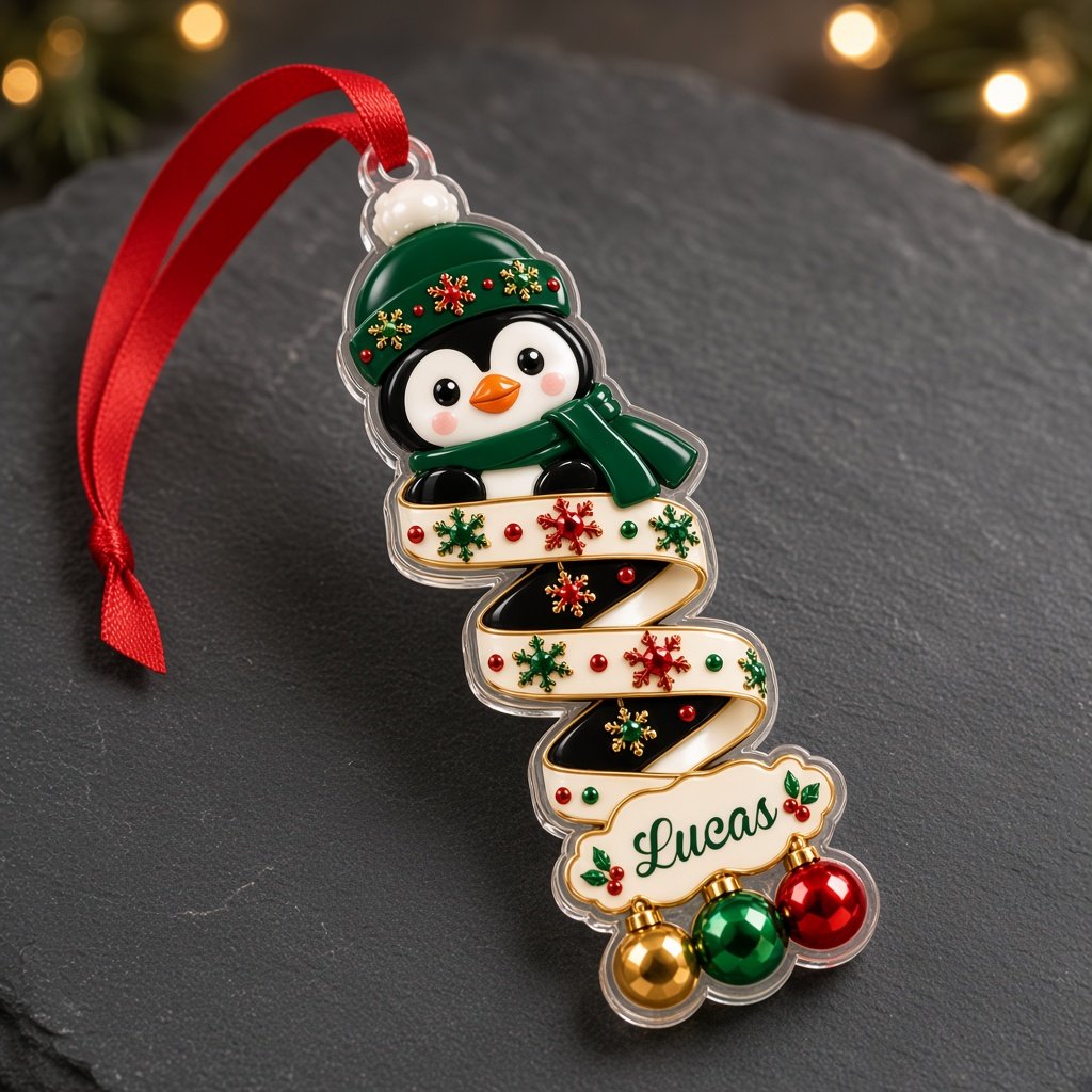 Clear acrylic ornament with elf or reindeer, spiral ribbon body and three dangling baubles, ready to hang on a Christmas