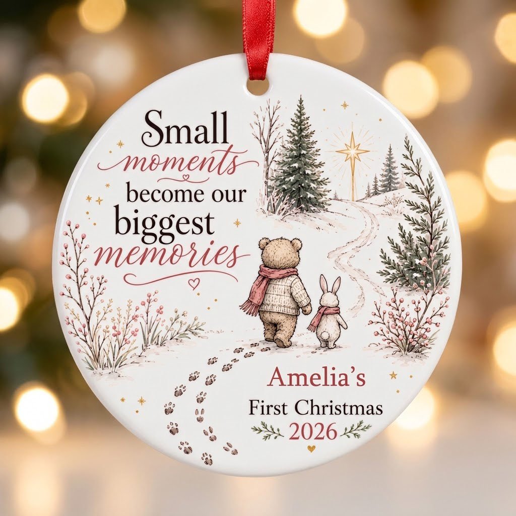 Round ceramic ornament with bear and bunny in scarves on snowy path, trees, star, quote, and personalized name and year.