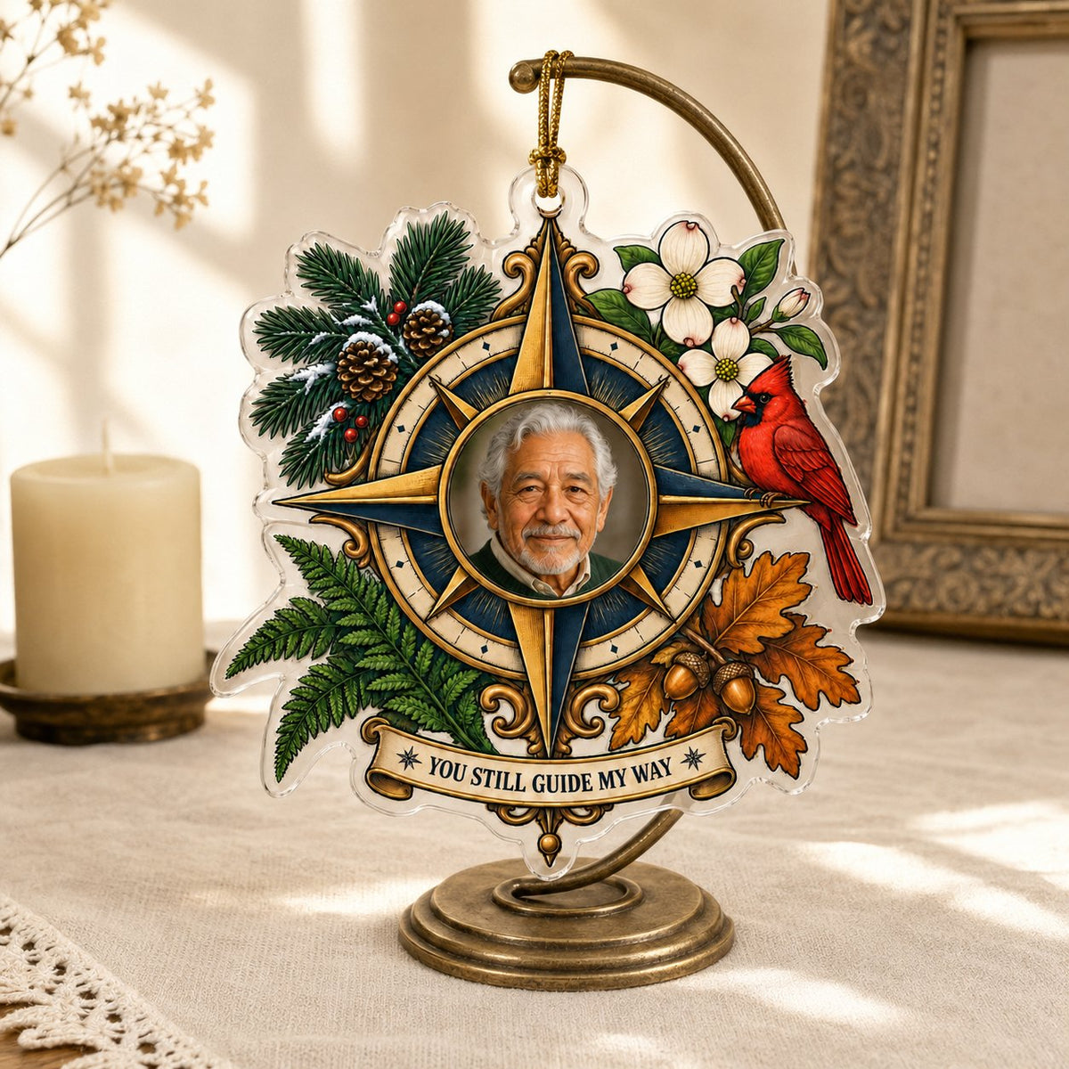 Personalized Memorial Photo Compass Cardinal Christmas Ornament