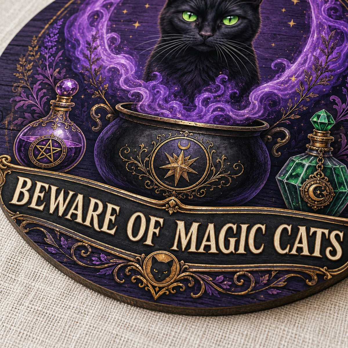 Round wooden sign with a black cat in purple smoke rising from a cauldron and the text BEWARE OF MAGIC CATS.