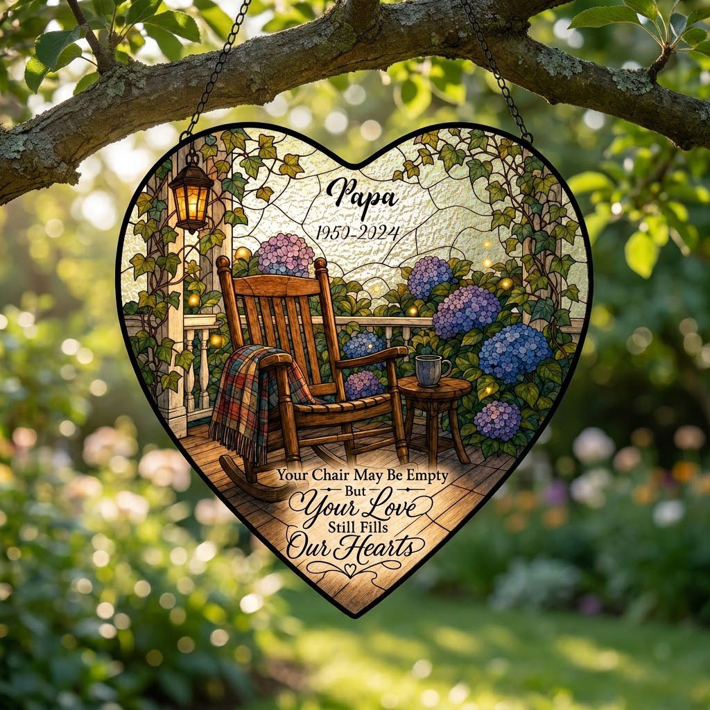 Heart stained glass suncatcher with empty porch rocking chair, lantern, ivy, and purple and blue hydrangea bushes.