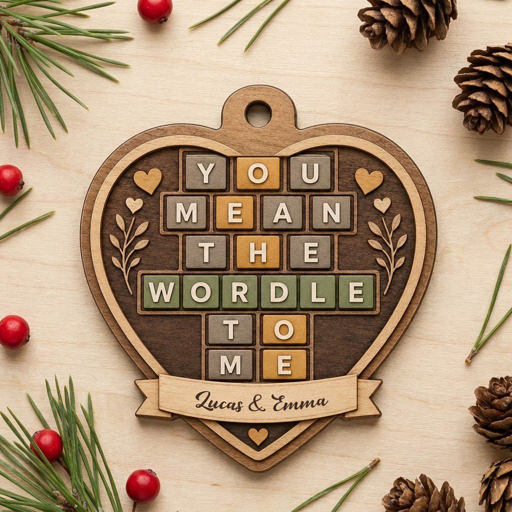 Heart-shaped wood ornament with Wordle-style tiles reading You Mean The Wordle To Me and names on a bottom banner.