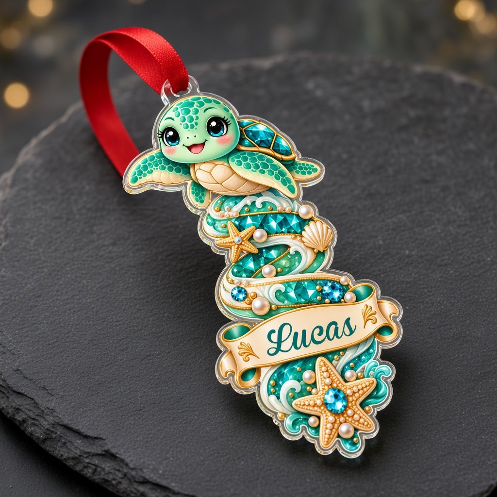 Clear acrylic ornament with a dolphin or seahorse, ocean banners, starfish, seashells and gemstones.