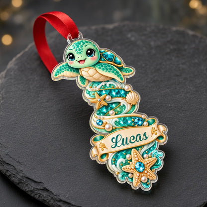 Clear acrylic ornament with a dolphin or seahorse, ocean banners, starfish, seashells and gemstones.