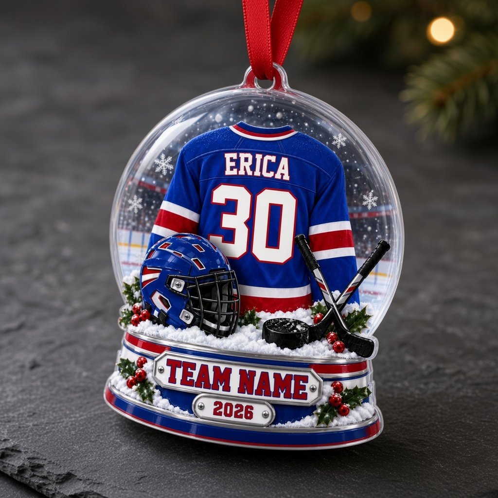 A custom-cut snow globe acrylic ornament with hockey jersey, helmet, crossed sticks, puck, and holly on the base.