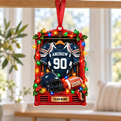 A red sports locker ornament with a football jersey, helmet, ball, holly, and Christmas lights on a custom-cut acrylic s