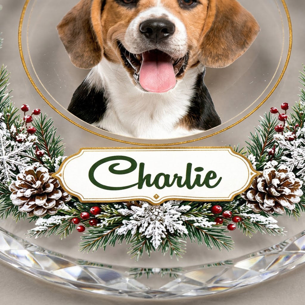 Personalized Dog Photo Holiday Wreath Round Glass Ornament